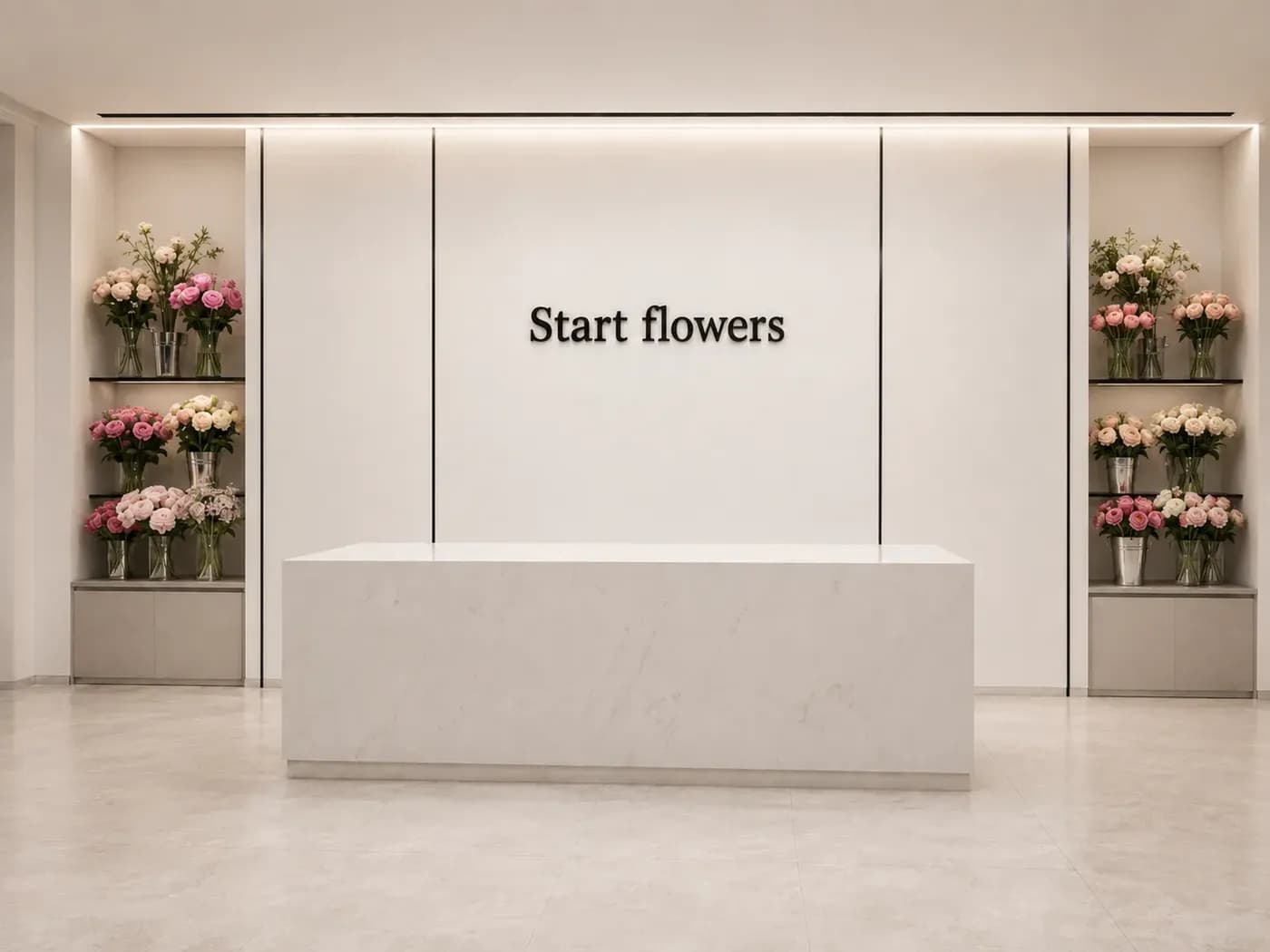 Интерьер студии Start Flowers со стойкой и свежими букетами